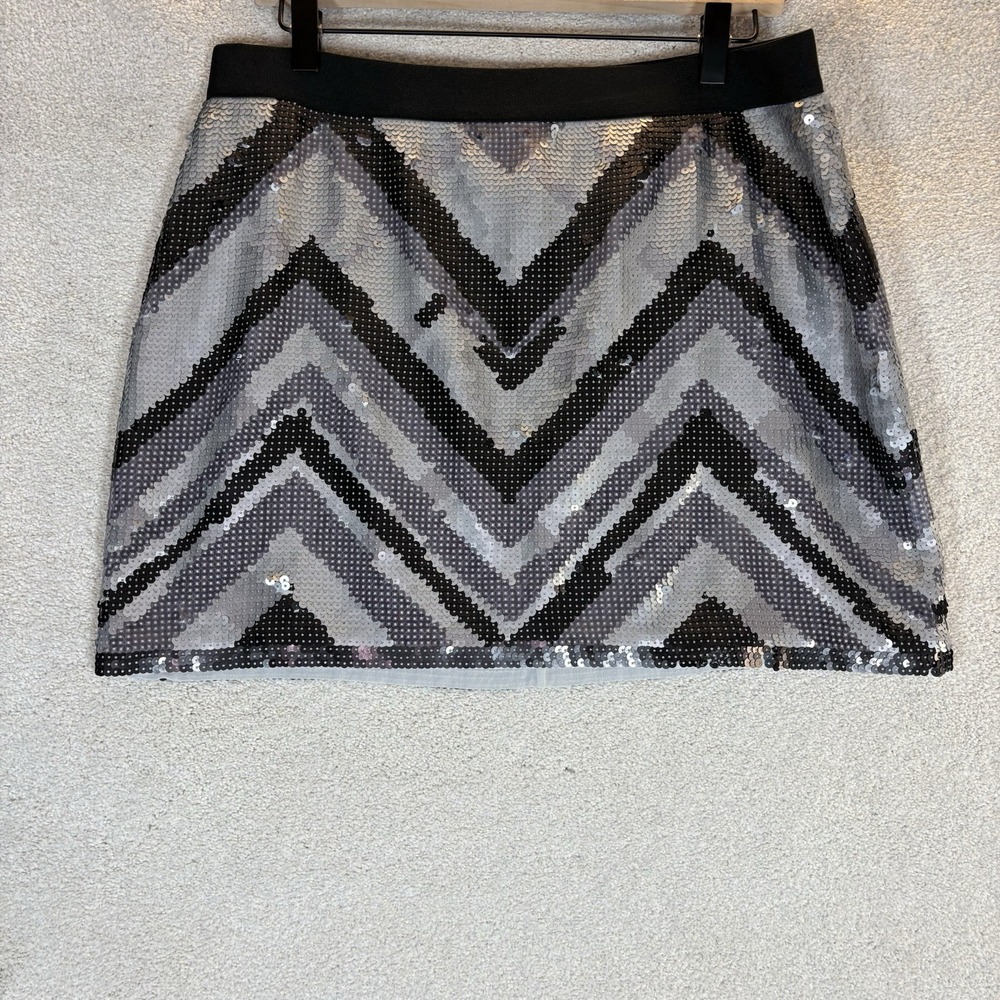 BCBGMaxAzria Chevron Sequin Mini Skirt in Black and Silver
